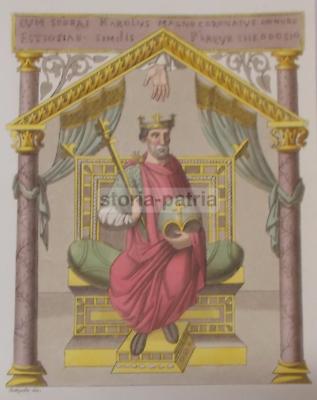 Carlo Magno E Teodosio. Antica Illustrazione, Incisione A Colori. Artista Bottigella.