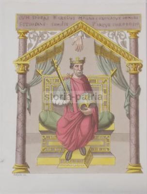 Carlo Magno E Teodosio. Antica Illustrazione, Incisione A Colori. Artista Bottigella.