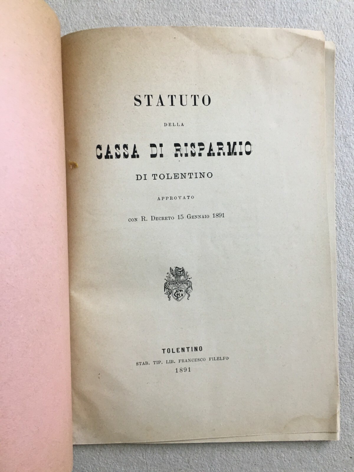 Statuto Della Cassa Di Risparmio Di Tolentino, 1891