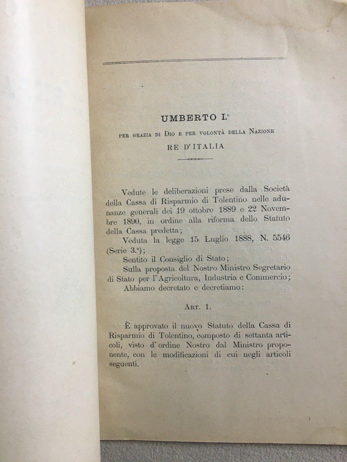 Statuto Della Cassa Di Risparmio Di Tolentino, 1891