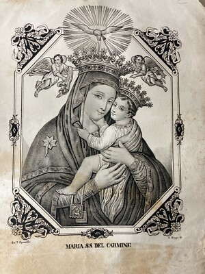 Antica Stampa Popolare Devozionale: Madonna Del Carmine. Litografia Dell'800