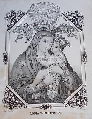 Antica Stampa Popolare Devozionale: Madonna Del Carmine. Litografia Dell'800