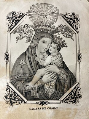 Antica Stampa Popolare Devozionale: Madonna Del Carmine. Litografia Dell'800