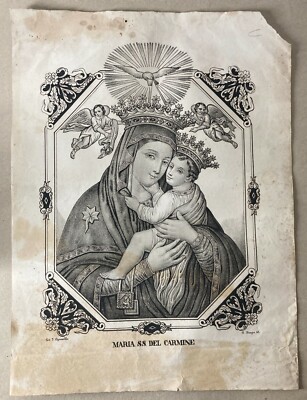 Antica Stampa Popolare Devozionale: Madonna Del Carmine. Litografia Dell'800