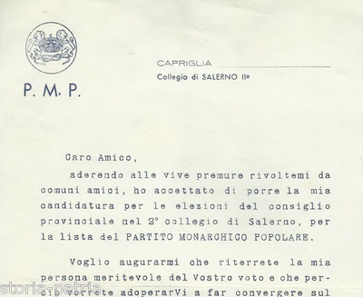 Campania, Salerno, Capriglia, Pellezzano: Volantino Propaganda Elettorale Monarchia