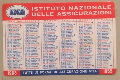 INA Insurance, Assicurazioni d'Italia: Collectible Pocket Calendar 1965