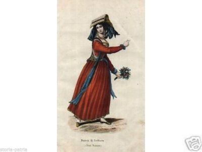 Lazio, Campagna Romana, Nettuno, Costumi Popolari, Antica Incisione Colorata d'Epoca