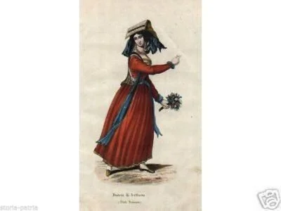 Lazio, Campagna Romana, Nettuno, Costumi Popolari, Antica Incisione Colorata d'epoca