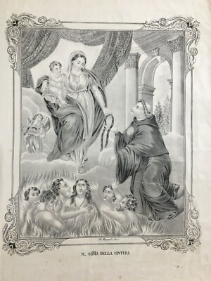 Antica Stampa Popolare Devozionale: Madonna Della Cintura, Lito Petruzzelli, Bari
