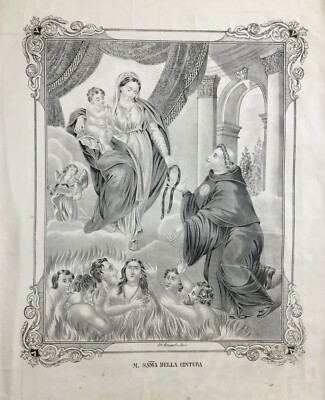 Antica Stampa Popolare Devozionale: Madonna Della Cintura, Lito Petruzzelli, Bari