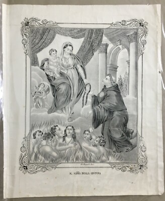 Antica Stampa Popolare Devozionale: Madonna Della Cintura, Lito Petruzzelli, Bari