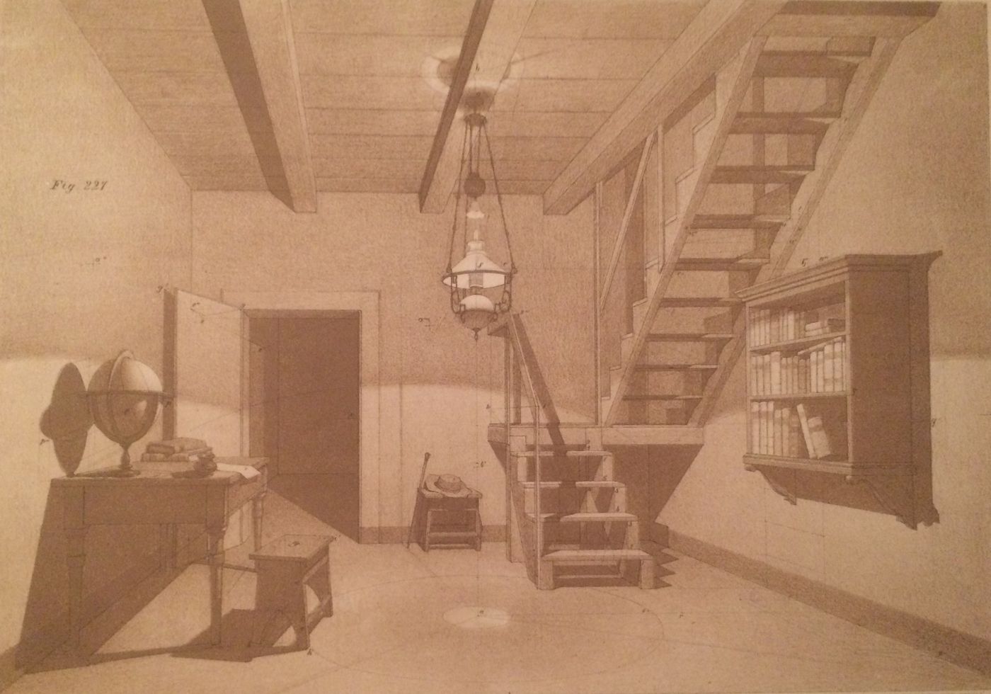 Architettura: Prospettiva Di Interno Con Scrittoio, Mappamondo E Libri
