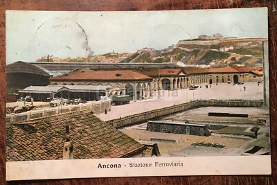Marche, Ancona, Stazione Ferroviaria, Antica Veduta A Colori, Rara Cartolina