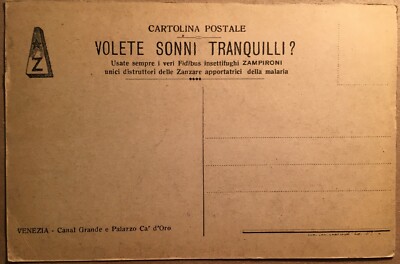 Venezia: Cartolina d'Epoca Pubblicitaria Zampironi Fidibus, Insetticida Zanzare