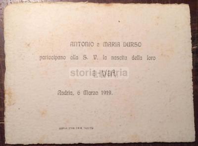 Andria, Puglia. Biglietto Di Nascita Della Famiglia d'Urso, 1919