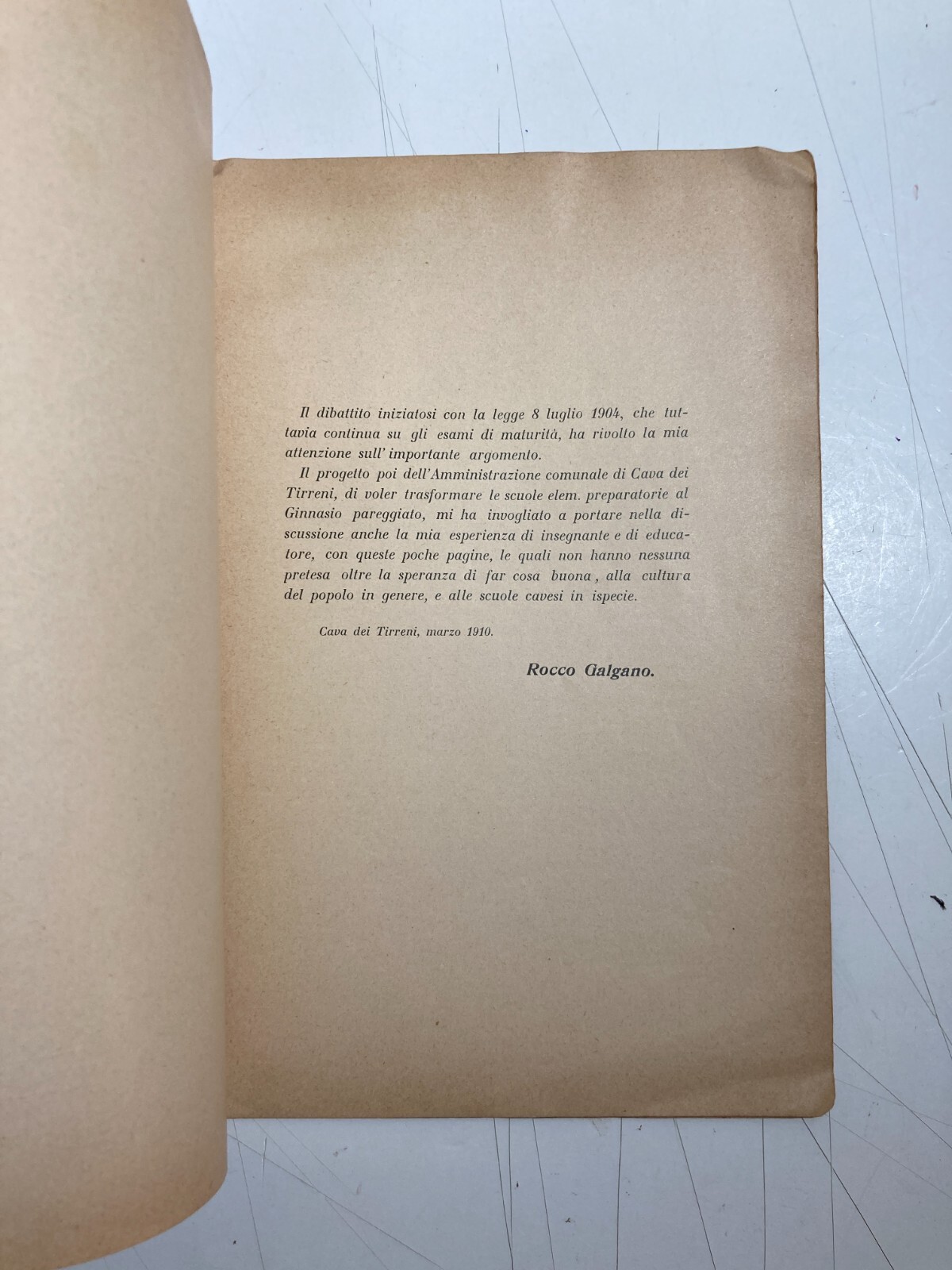Pedagogia, Esami Di Maturità E Scuola Popolare: Rocco Galgano, Cava De' Tirreni, 1910
