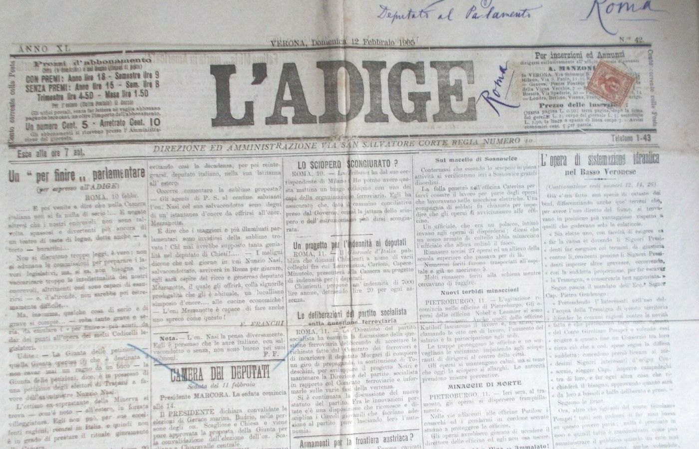 Verona Idraulica, Cronaca Politica, Desenzano, Legnago: L'Adige Antico Giornale 1905