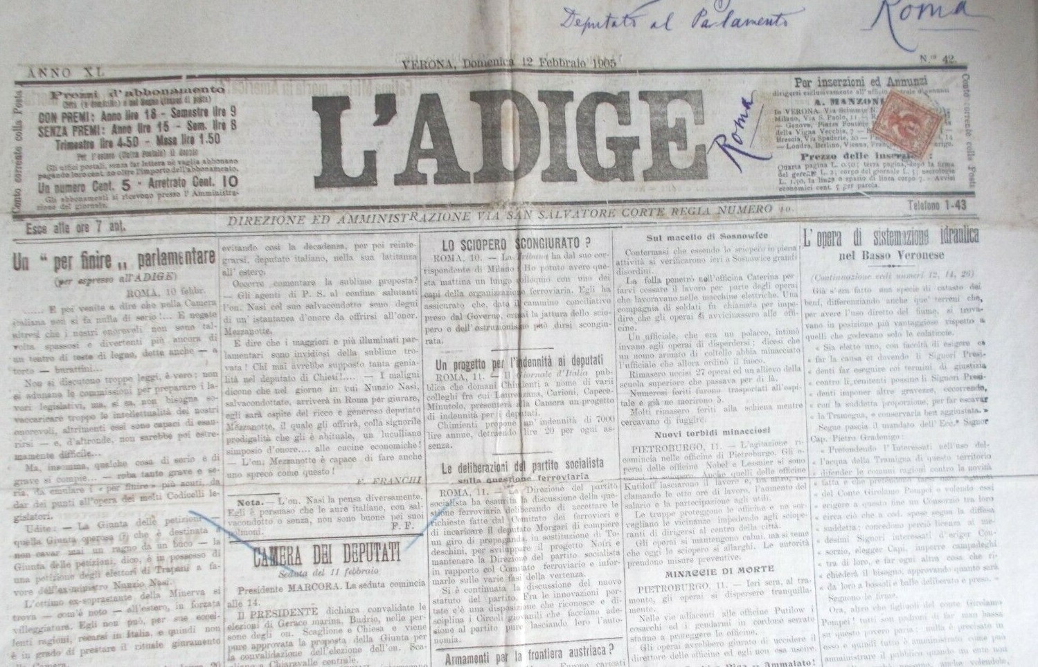 Verona Idraulica, Cronaca Politica, Desenzano, Legnago: L'Adige Antico Giornale 1905