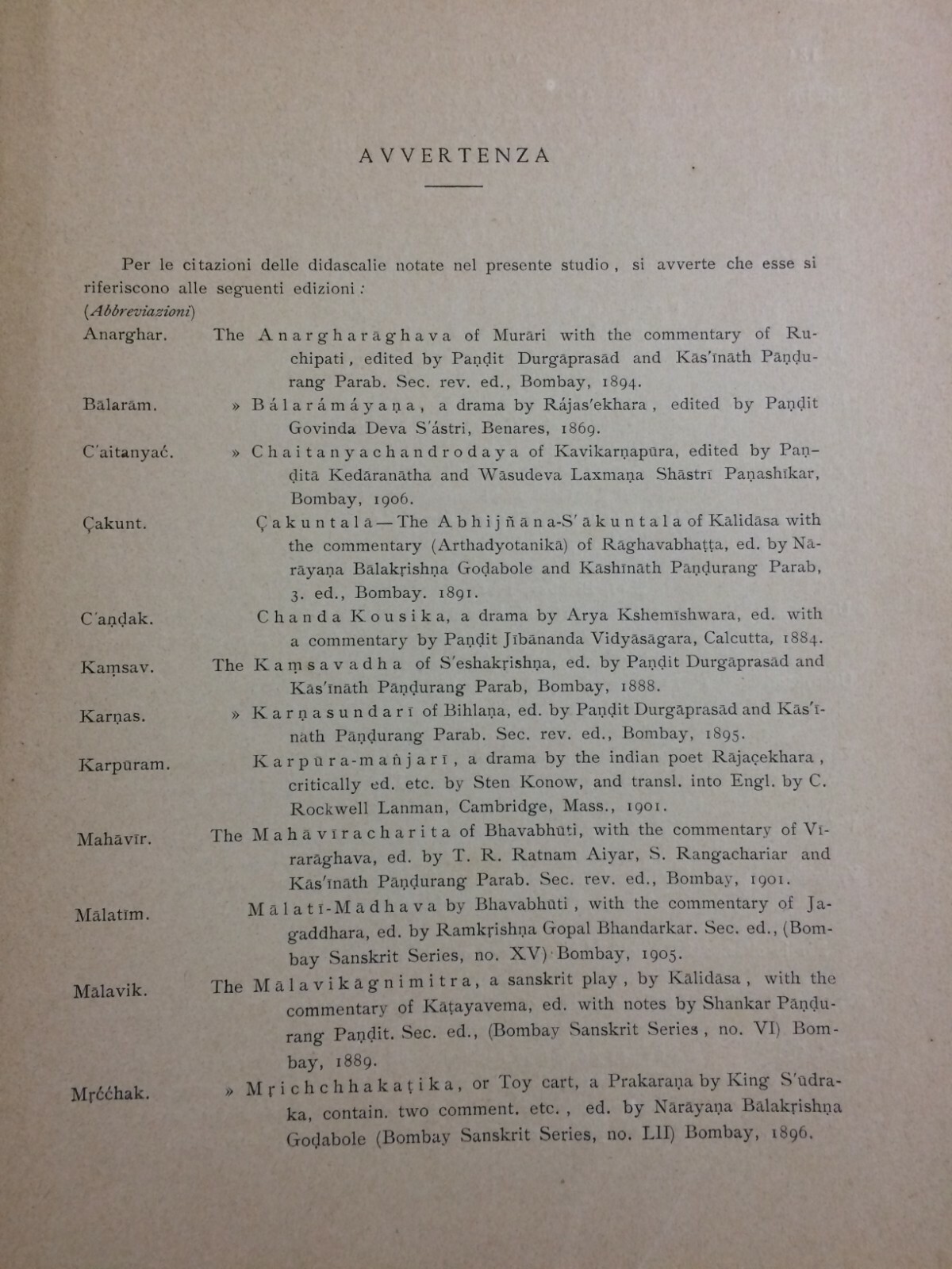 L'Uso Delle Didascalie Nel Dramma Indiano. Antica Edizione, Cimmino, Napoli, 1912