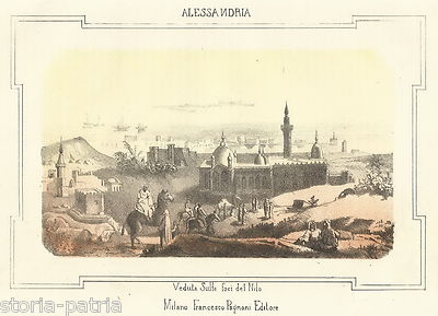 Egitto: Nilo, Alessandria. Animata Veduta Panoramica Con Monumenti E Palazzi. Litografia Del XIX Secolo