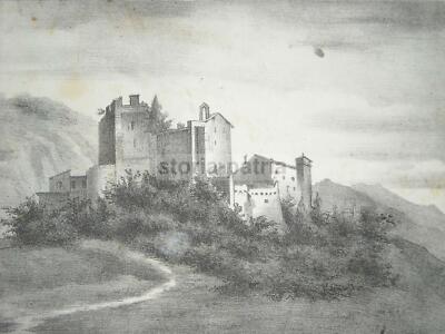 Trentino, Trento, Contea Di Lodrone: Castello Por, Antica Veduta. Litografia Dell'800