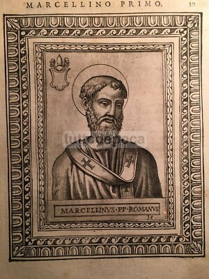 Storia Del Papato: Ritratto Di Pontefice Marcellino I. Incisione Del '500 E Araldica