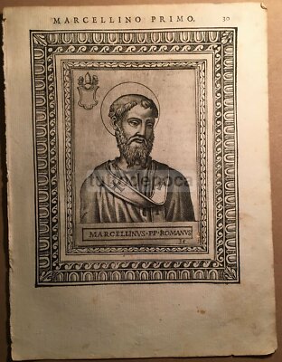 Storia Del Papato: Ritratto Di Pontefice Marcellino I. Incisione Del '500 E Araldica