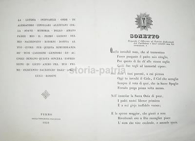 Marche, Fermo. Sacerdozio Cipollari. Luigi Rossini. Antico Raro Foglio Volante, 1859