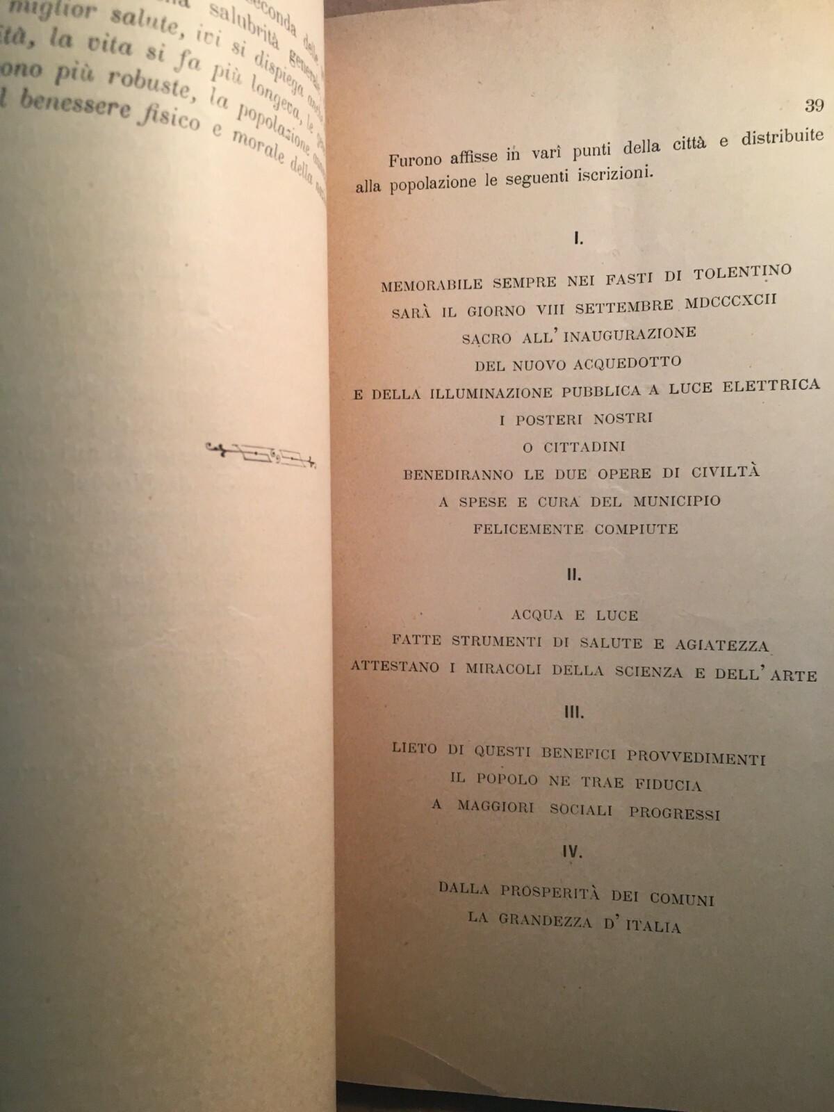 Marche, Tolentino: Inaugurazione Acquedotto E Luce Elettrica, 1892. Rara Edizione.