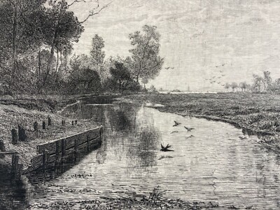 Piemonte, Torino, Fiume Sangone. Artista Ernesto Bertea, Incisore Celestino Turletti. Antica Incisione All'Acquaforte