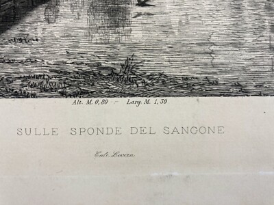 Piemonte, Torino, Fiume Sangone. Artista Ernesto Bertea, Incisore Celestino Turletti. Antica Incisione All'Acquaforte
