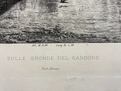 Piemonte, Torino, Fiume Sangone. Artista Ernesto Bertea, Incisore Celestino Turletti. Antica Incisione all'Acquaforte