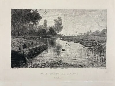 Piemonte, Torino, Fiume Sangone. Artista Ernesto Bertea, Incisore Celestino Turletti. Antica Incisione all'Acquaforte