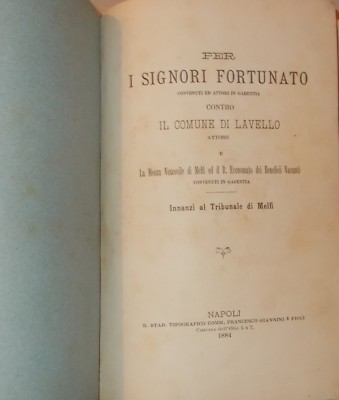 Basilicata, Lavello, Melfi: Mappa Di Gaudiano E Allegazioni Giuridiche Famiglia Fortunato, 1884