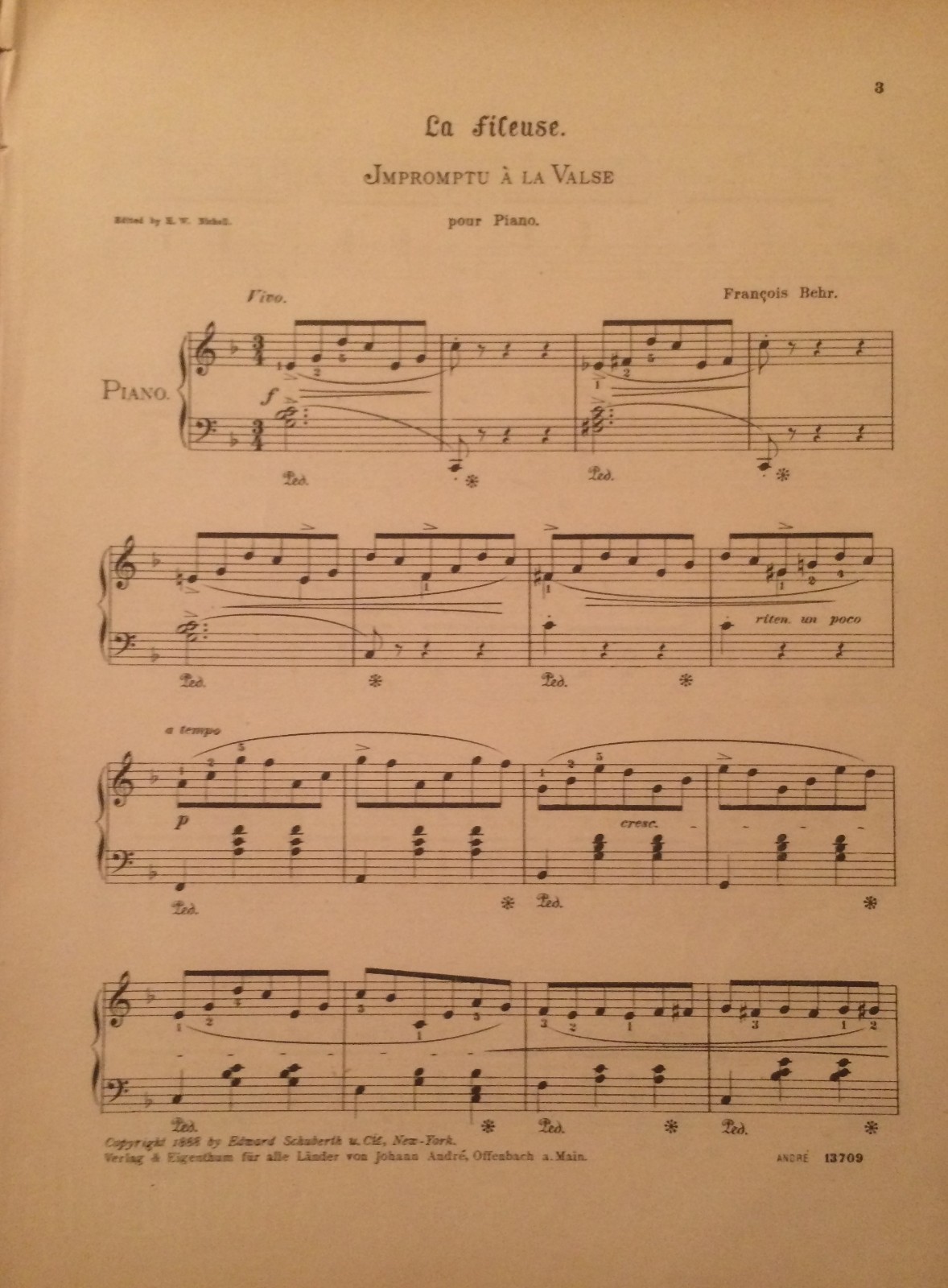 Musica A Stampa: Pianoforte. Behr   La Fileuse, Valse (La Filatrice), Spartito Musicale