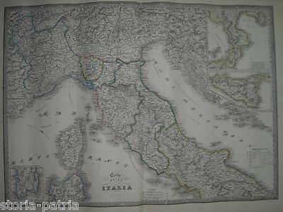 Antica Grande Mappa Delle Regioni d'Italia: Sicilia, Sardegna, Corsica E Territori Pre Unitari