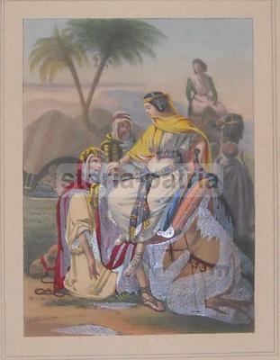 Arte Decorativa Antica Litografia A Colori: Rebecca Sul Cammello, Isacco, Biblica
