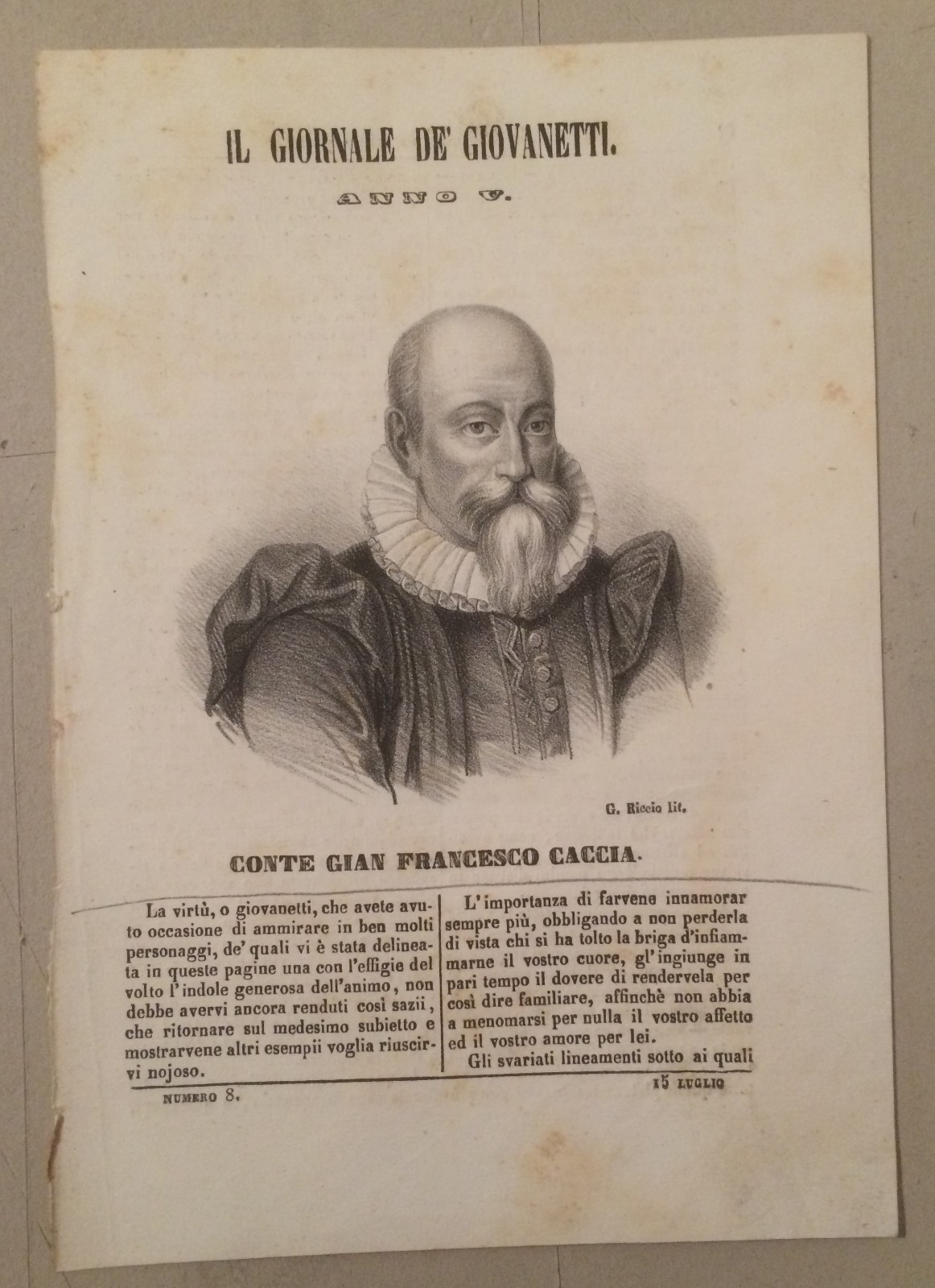 Antico Ritratto Del Conte Gian Francesco Caccia, Stampa Litografica Di G. Riccio, Novara, XIX Secolo