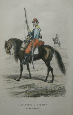 Militaria: Cacciatori d'Africa In Divisa Di Guerra. Litografia Colorata Del XIX Secolo