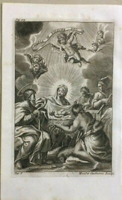 Arte Popolare Devozionale: Natività. Incisore Nicola Guttierez. Antica Incisione All'Acquaforte.