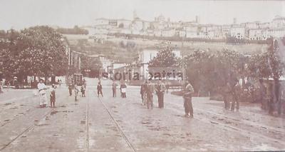 Bergamo: Antica Fotografia Con Animata Veduta, Fotografo Solza, Tram E Ferrovia