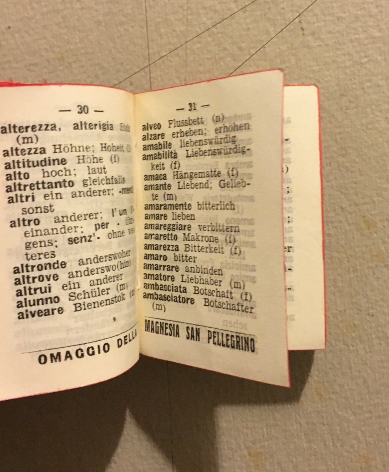 Vocabolario Italiano Tedesco Miniatura Magnesia San Pellegrino, 1939