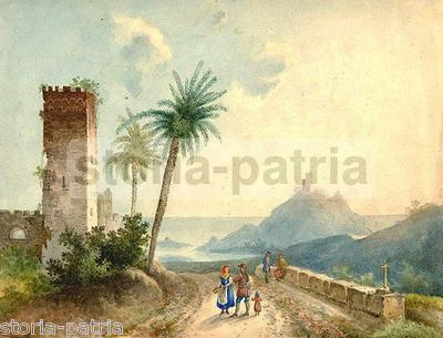 Fine XIX Secolo, Paesaggio Costiero Con Torri E Figure, Acquerello Su Carta