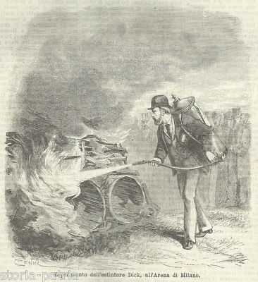 Estintore Dick, Arena Di Milano, Antincendio, Pompieri, Antica Illustrazione 1876