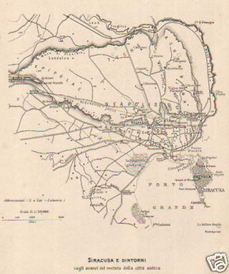 Sicilia, Siracusa E Dintorni: Antica Mappa Litografica, Fine '800