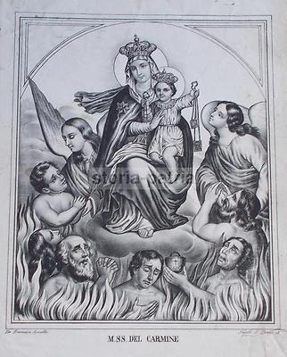 Antica Stampa Popolare Devozionale: Madonna Del Carmine, Anime Purganti E Angeli, XIX Secolo