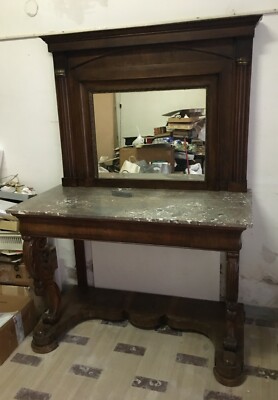 Antica Consolle Da Muro Con Specchiera In Legno Di Noce E Marmo
