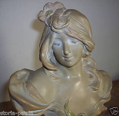 Scultura Liberty Busto Di Giovane Donna In Ceramica Policroma