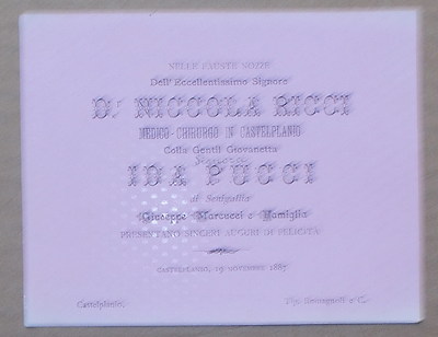 Marche, Castelplanio, Senigallia. Nozze Pucci Ricci, Antico Biglietto Di Auguri, 1887