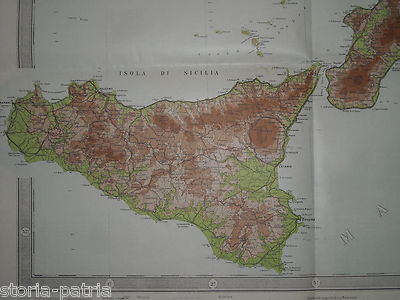 Grande Antica Mappa Geografica: Calabria, Sicilia, Lampedusa, Ustica, Lipari E Santa Maria Di Leuca
